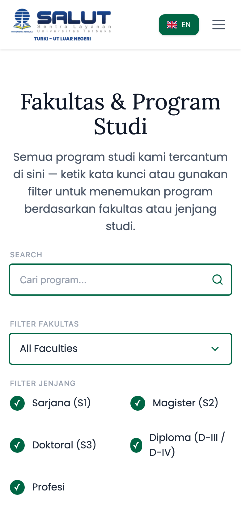 Faculties and programs on a phone