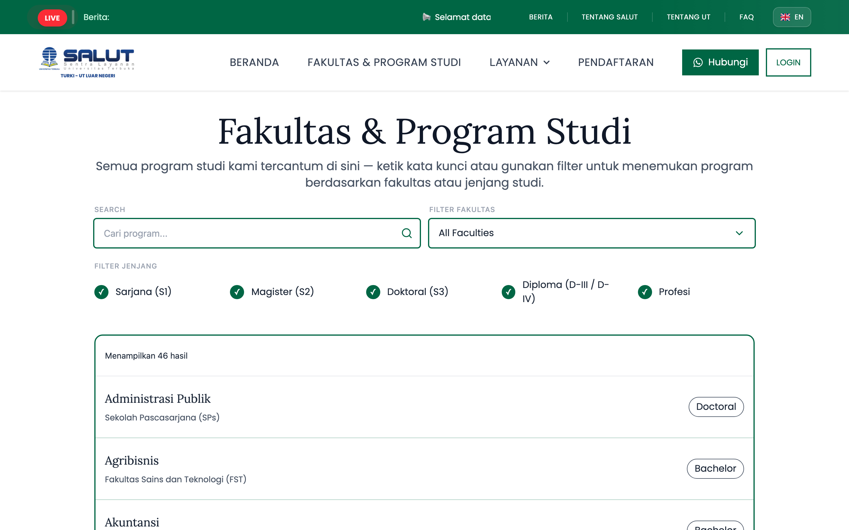 Faculties and study programs, browsable with live search and filters
