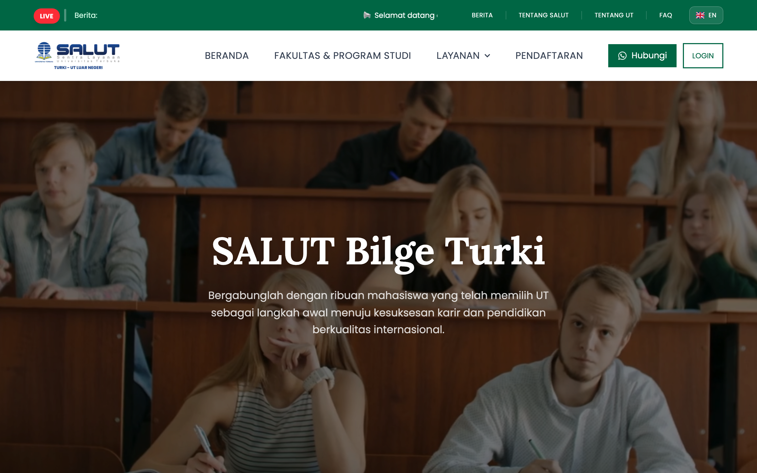 The home page, the SALUT hero over a lecture-hall photo