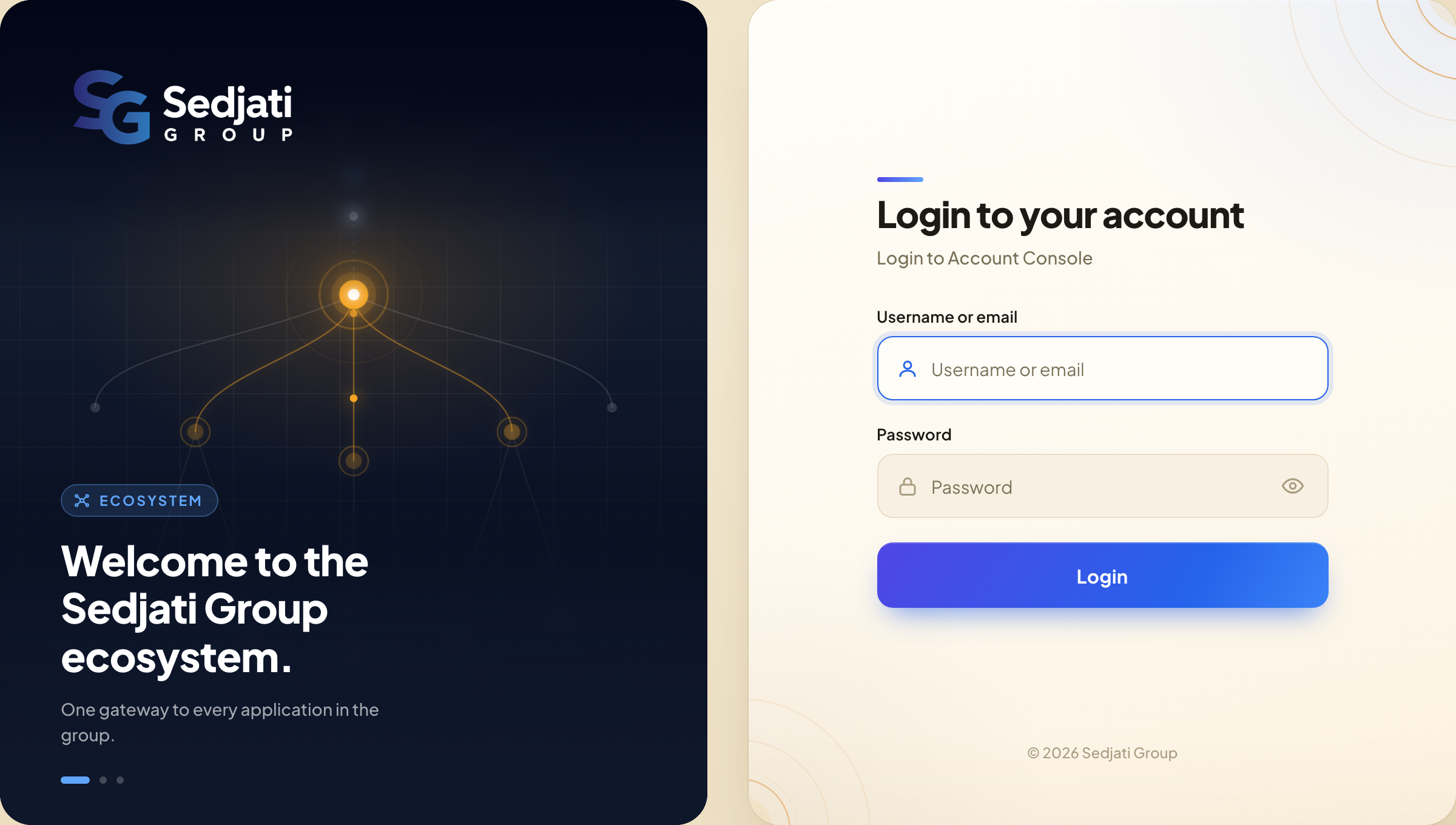 The login: the Sedjati ecosystem panel beside the sign-in form