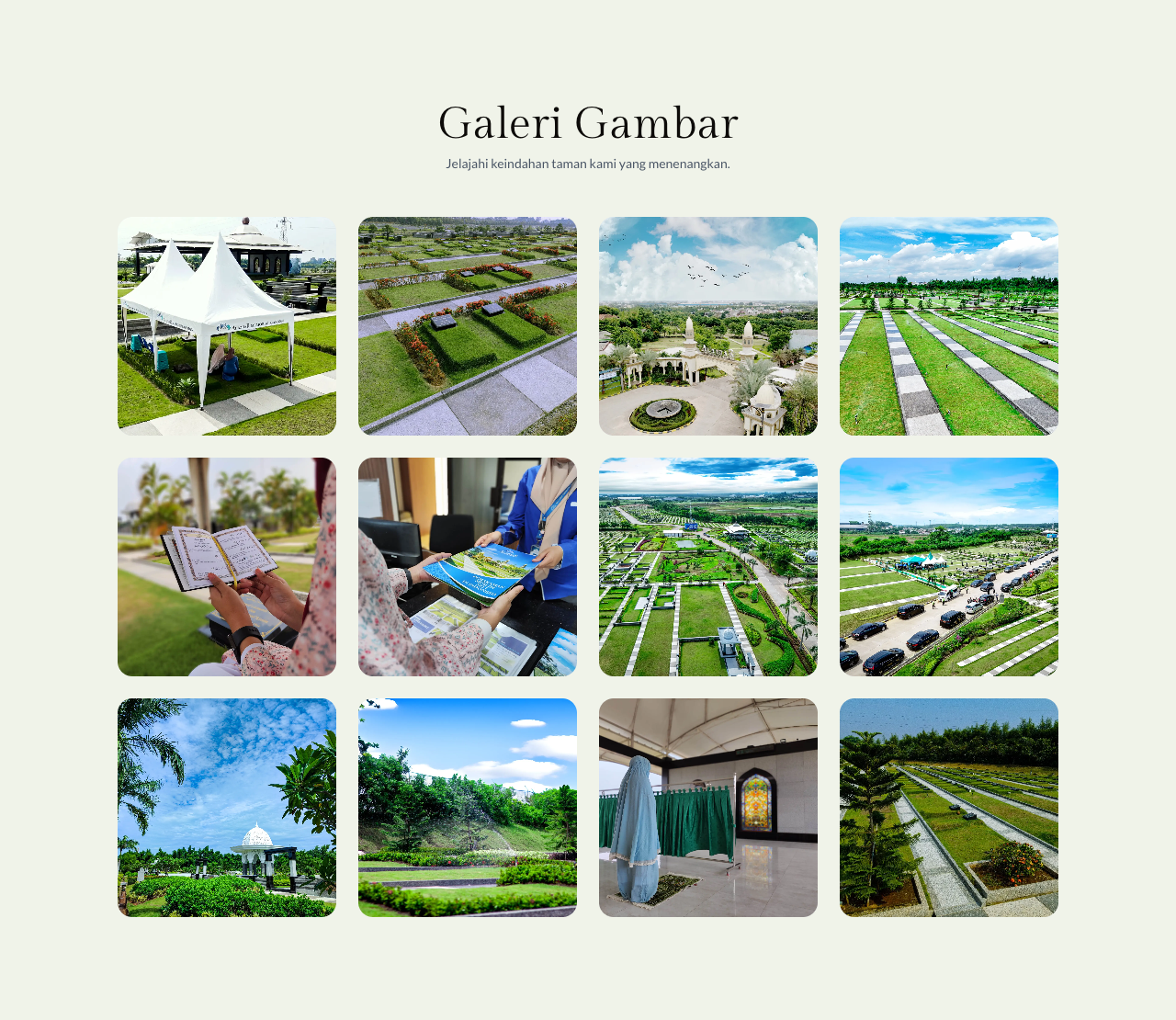 The photo gallery page, a mosaic of the gardens, mosque, and grounds