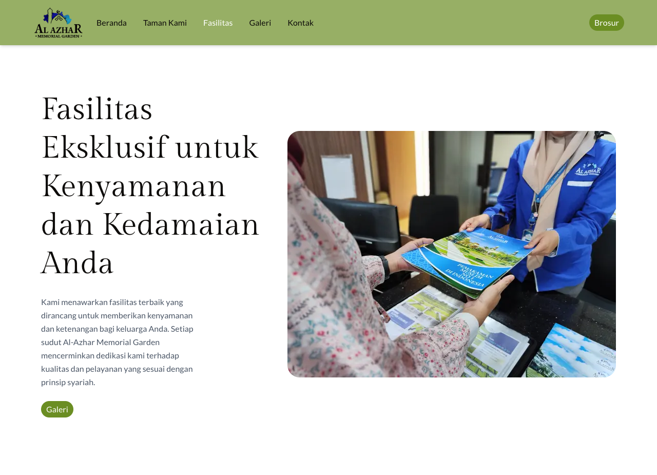 The facilities page hero, a staff member handing a family the brochure