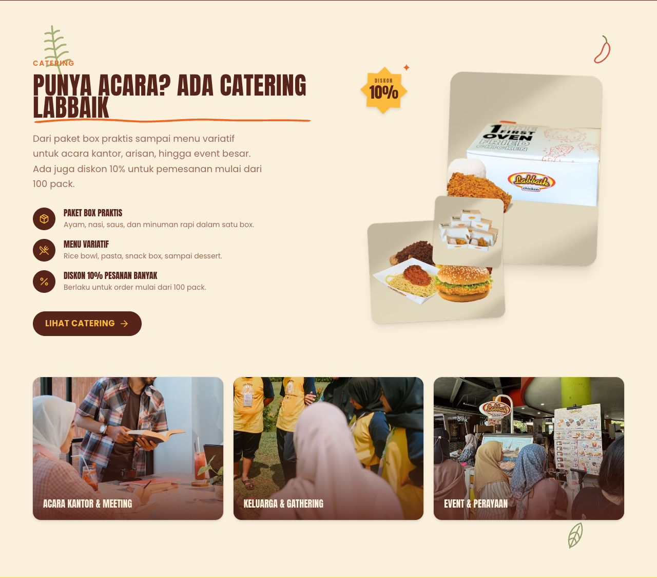 The catering section, package box and event photo cards