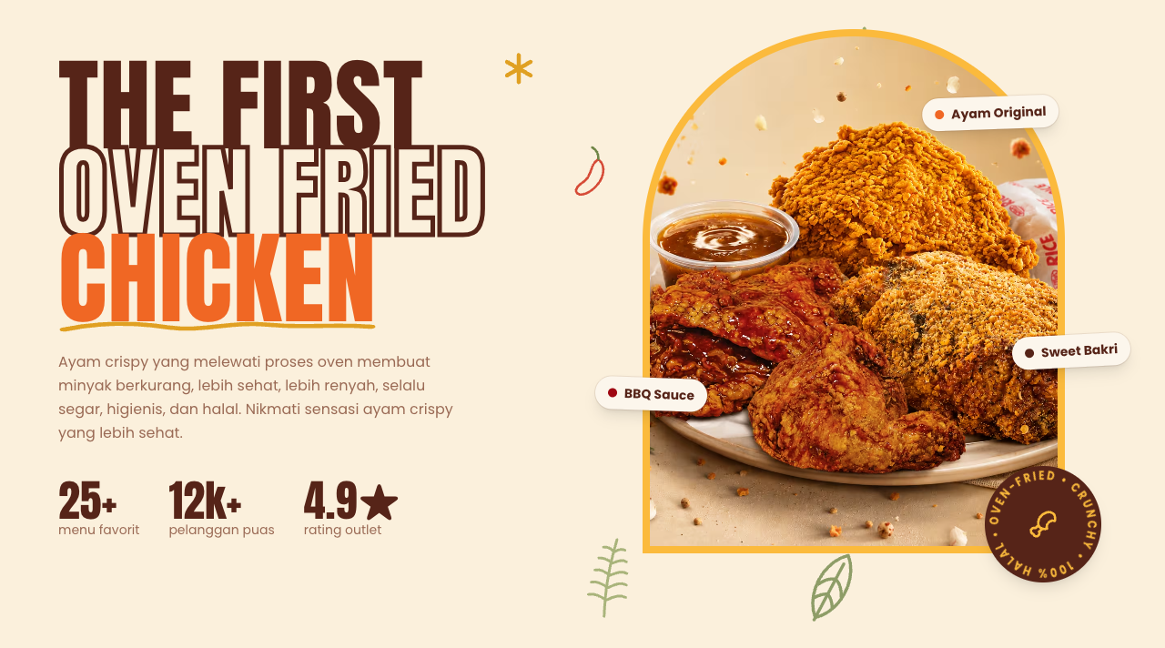 The hero, a bold oven-fried-chicken headline over a full plate