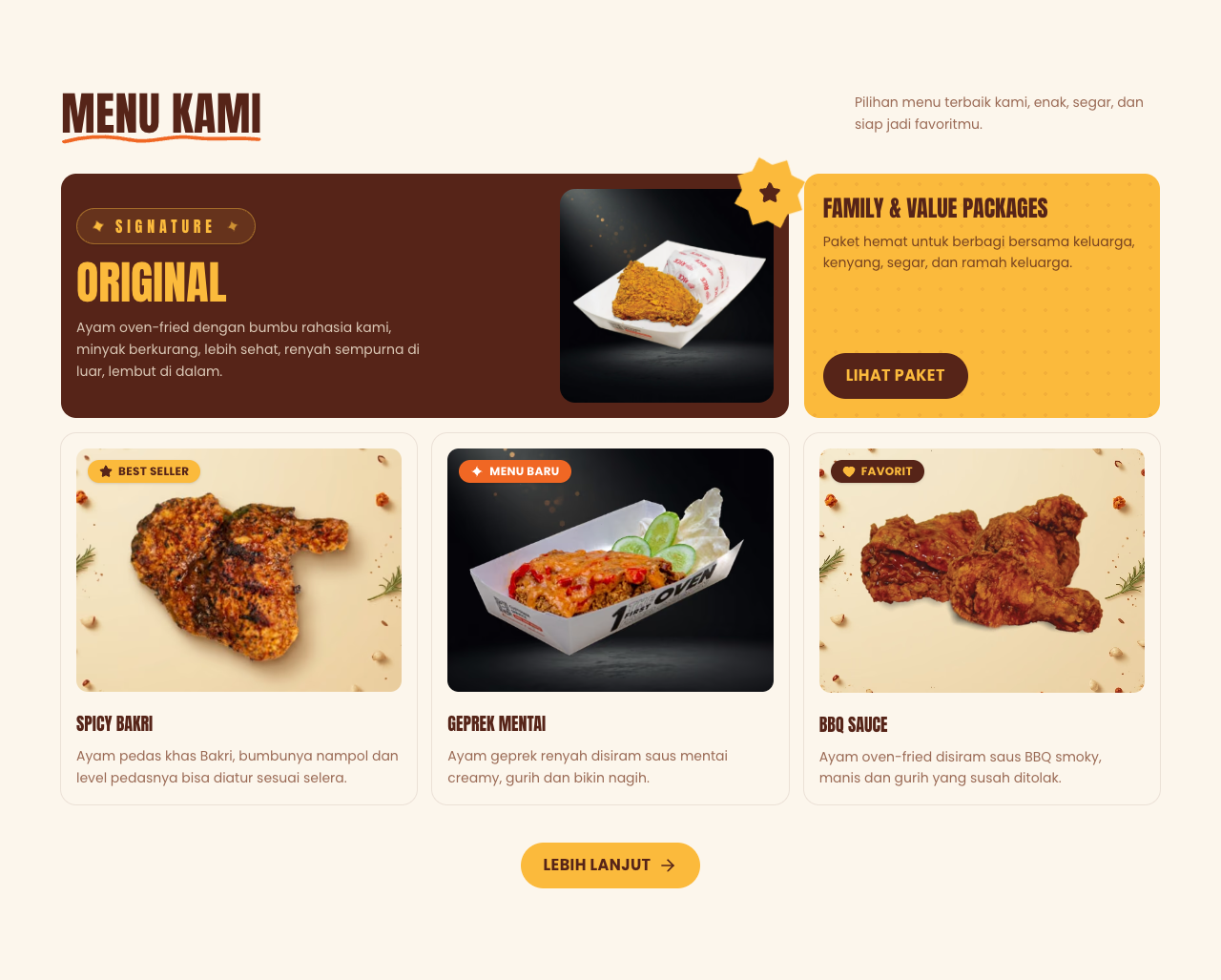 The menu section, signature and value packages with product cards
